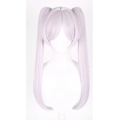 WCCNKK Wig Anime Cosplay Frieren Beyond Journey's End Cosplay Perücke Silberweißes 65 Cm Langes Haar Mit Doppeltem Pferdeschwanz Hitzebeständiges Kunsthaar, Mit Perückenkappe, Dekoratives Geschenk