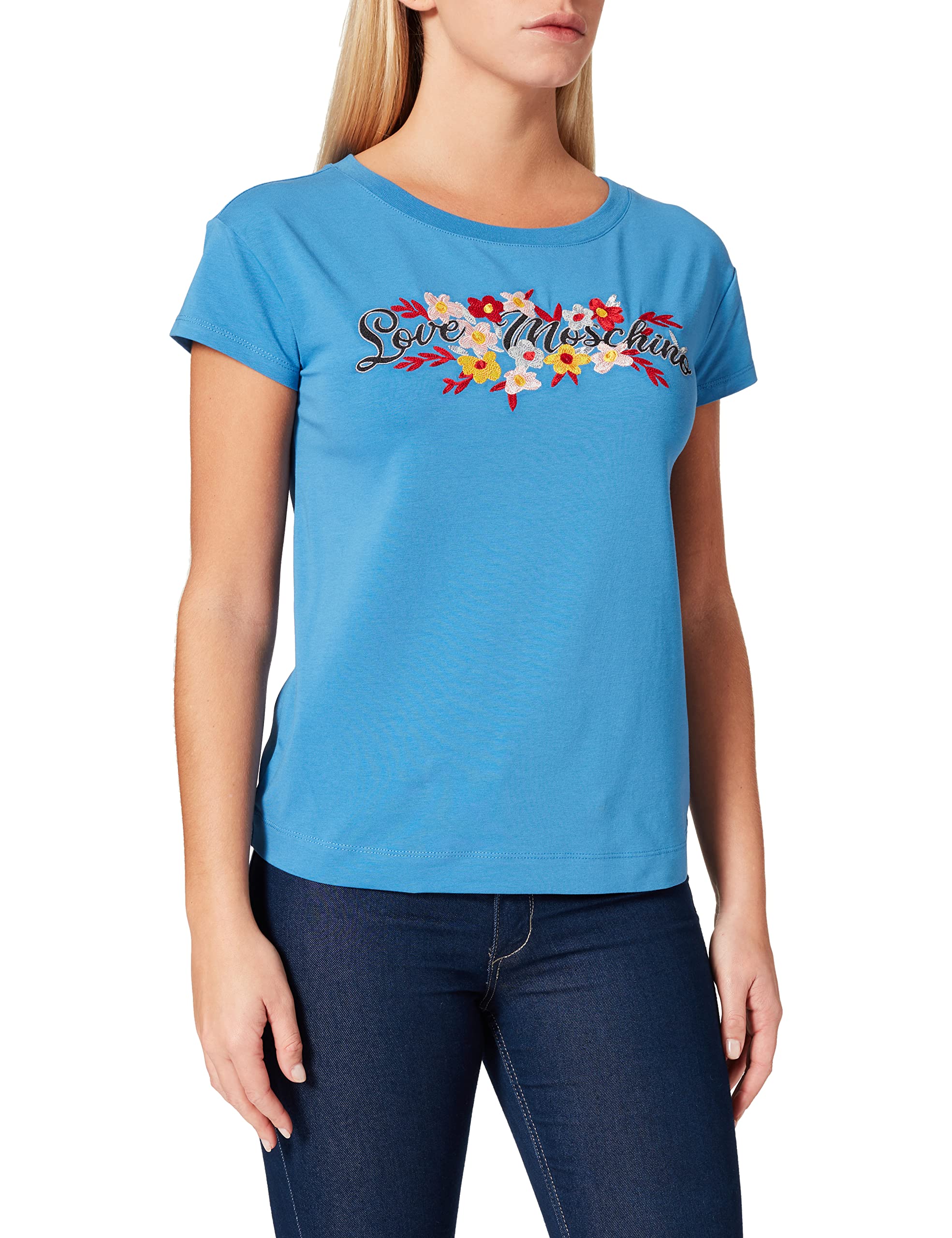 Love Moschino Womens Short-sleveed with Maxi Logo and Flowers Embroidery T-Shirt, Blue, 40