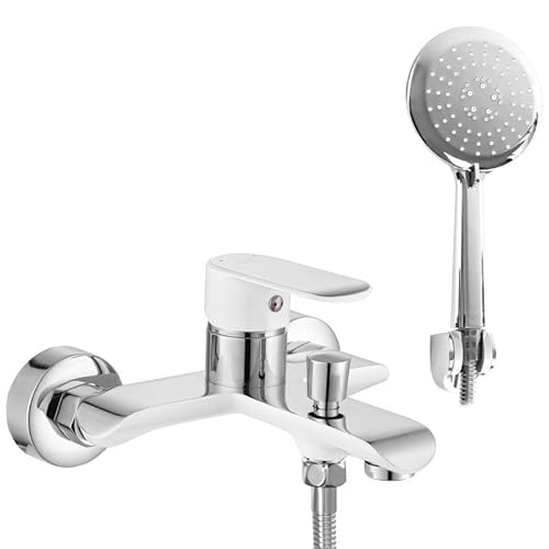 Rea Badewannenarmatur BLOOM WHITE CHROME Wasserhahn Badewanne Einhebel Wannenarmatur mit Handbrause Badarmatur aus Messing Mischbatterie Wandmontage (Gold)