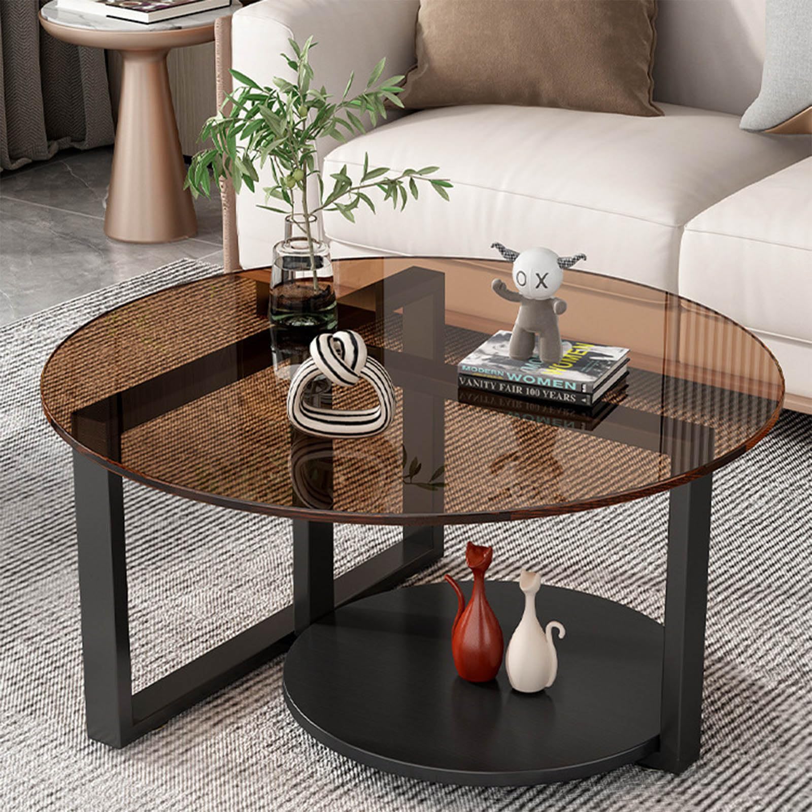 Runder Couchtisch Aus Glas, Runder Couchtisch Mit 2 Ebenen, Modern Minimalistisch, Tische Aus GetöNtem GehäRtetem Glas Mit Mattschwarzen Beinen, FüR Wohnzimmer,Balkon,Braun,70cm