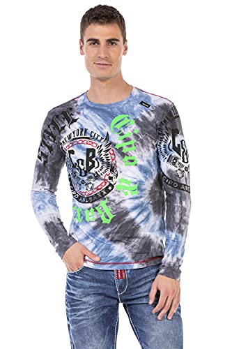 Cipo & Baxx Herren Longshirt Longsleeve Print Rundhalsausschnitt Shirt Langarm Sweater CL476 Blau XL