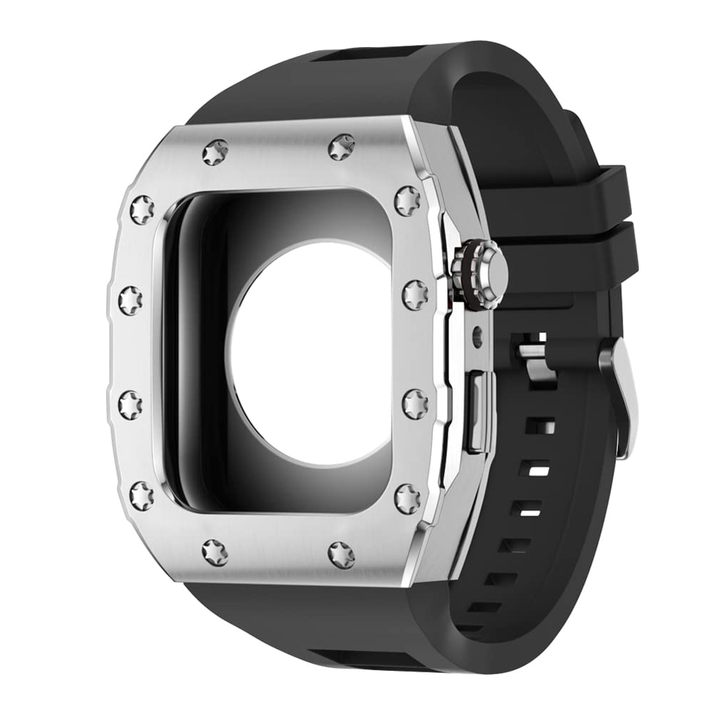 KANUZ 44 mm 45 mm Modifikationsset für iWatch Serie 7, 6, 5, 4 SE, Metallgehäuse, Silikonband für Apple Watch, Gummiband, Stoßfängerabdeckung (Farbe: S-SS-B, Größe: 45 mm)