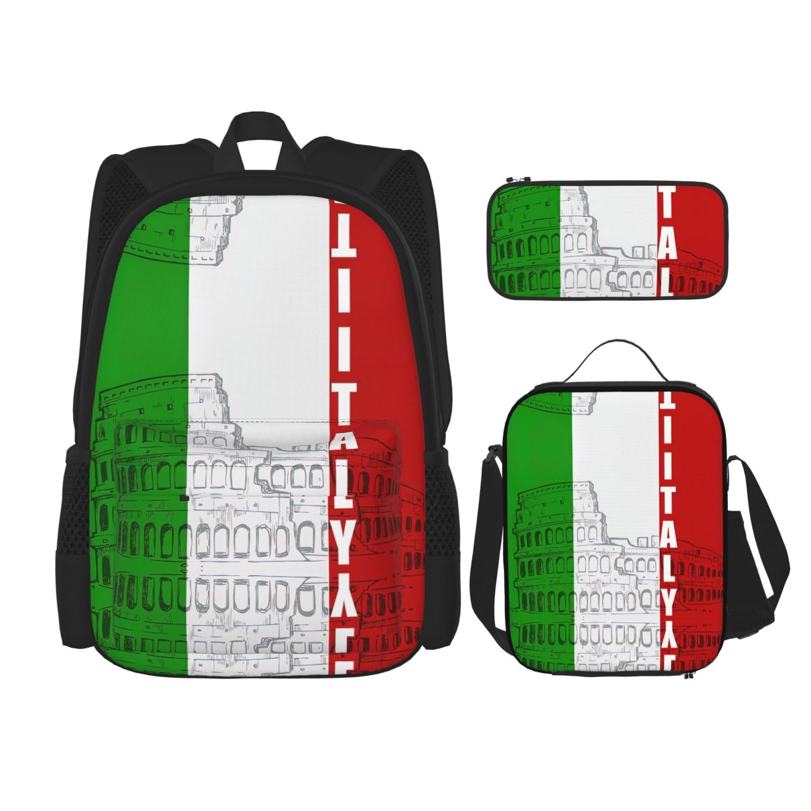 WURTON Römisches Kolosseum Italienische Flagge Druck Lunchbox Federmäppchen Rucksack Set 3 Stück Verstellbare Träger Langlebig Leicht, Schwarz, One Size