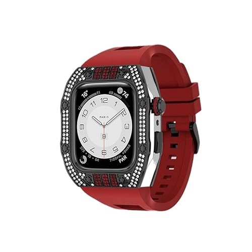 KANUZ Luxuriöses Diamantgehäuse-Modifikationsset für iWatch 8, 7, 6, SE, 5, 4, Gummiband, 44 mm, 45 mm, für Apple Watch, Metallbeze-Uhrenarmband (Farbe: Diamond-Rot-SBR, Größe: 45 mm)