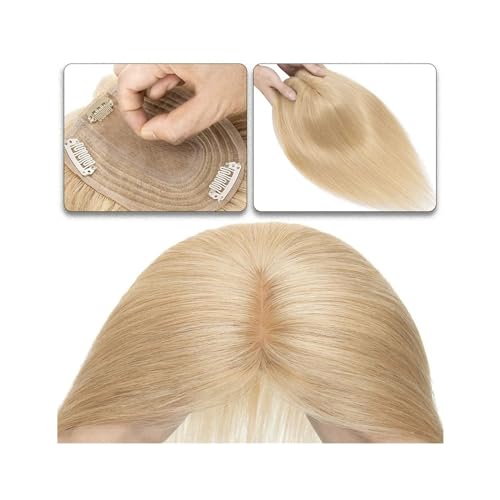 Haartopper für Frauen Haaraufsätze for Frauen, 15,2–45,7 cm, Mittelteil, Echthaaraufsatz, Haarteil, 10 x 12 cm, Seidenbasis mit 4 Clips, glatter Haaraufsatz for dünner werdendes Haar, Haarausfall Haar