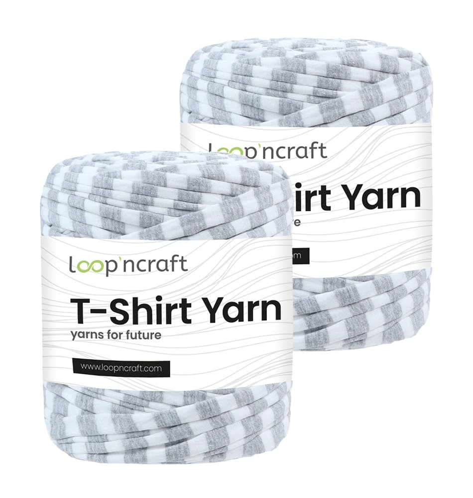 Textilgarn 2er-Set, Weiß-graue Streifen, Loopncraft, 2 X 750g, T-Shirt Yarn, Recyling Garn