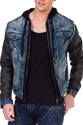 Cipo & Baxx Herren Jeansjacke Sweatjacke Übergangsjacke Kapuze Designer Kunstlederärmel Denimjacke Jacke mit Sweatkapuze Gr.4XL Blau