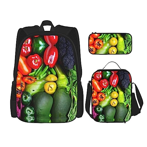 WURTON Fresh Vegetables Fruits Print Travel Lunch Box Pencil Case Backpack Set 3 Pieces Adjustable Straps Lightweight, Schwarz, Einheitsgröße