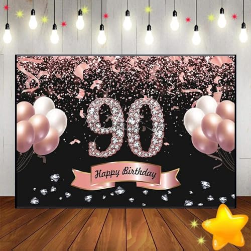 90. Schwarz Gold Banner Fotografie Hintergrund Ballons Krone Konfetti Jubel 90 Jahre alt Dekor Jubiläum Hintergrund Banner 240X180cm