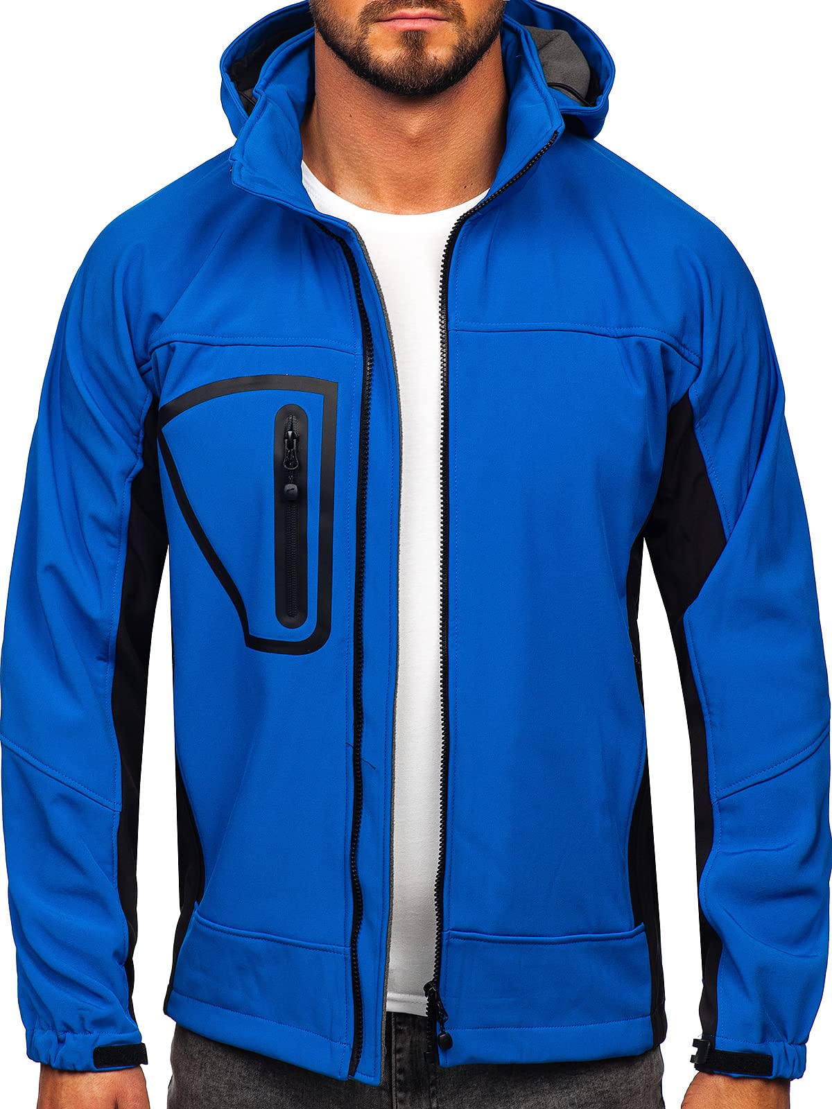 BOLF Herren Softshelljacke Übergangsjacke Regenjacke Funktionsjacke Winddicht Wasserdicht Sportjacke Trekkingjacke Atmungsaktiv Kapuze Freizeit Outdoor FREESTEP T019 Blau L [4D4]