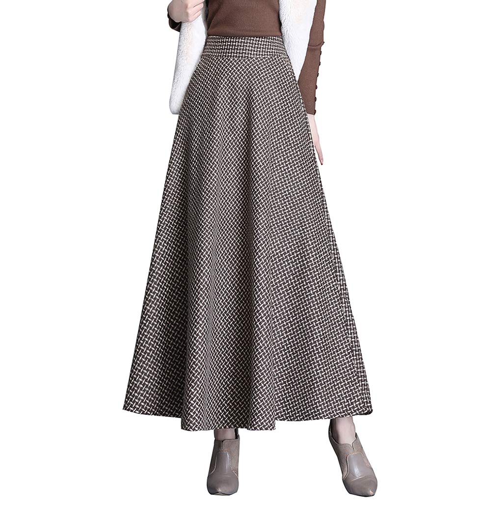 Rock Damen Lang Winterrock Warm Wollrock Vintage Elegante Houndstooth Rock Casual Elastische Taille A-Linie Maxi Rock Hohe Taille Rock Faltenrock Khaki-M