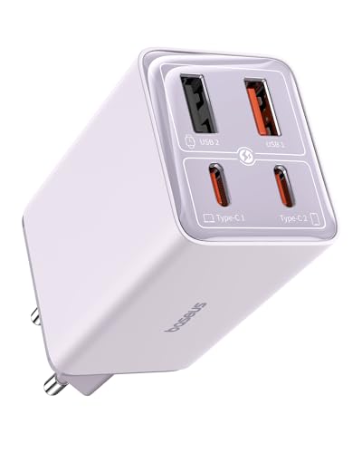 Baseus USB C Netzteil, 65W High-Speed USB C Ladegerät, PD 3.0 und PPS Schnellladeleistung, GaN Charger Kompatibel mit MacBook Pro/Air, Surface, Laptop, iPhone 15-12 Serie, Pixel, Galaxy, iPad(Violett)