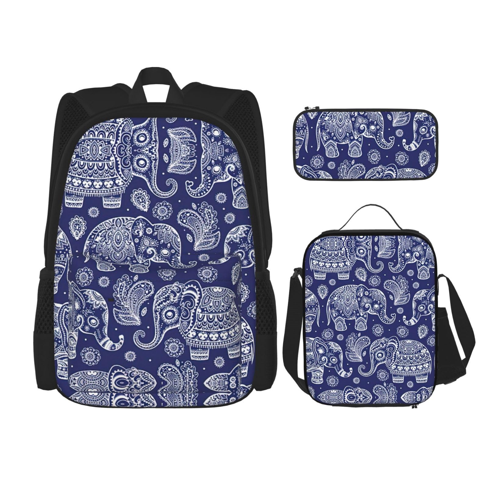 WURTON Boho Elefant Print Schulrucksack 3 in 1 Büchertasche Set mit Lunchbox Federmäppchen Reise Laptop Daypacks