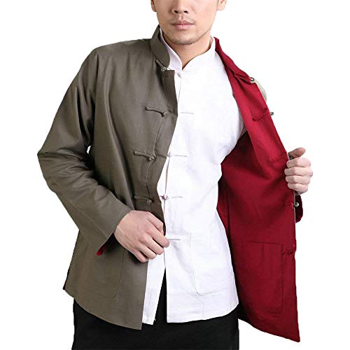 G-LIKE Kung Fu Herren Jacke - Traditionelle Chinesische Kampfkunst Tai Chi Wing Chun Lange Ärmel Training Kleidung Doppelseitig Mantel Casual Look (Armeegrün und Rot, XXL)