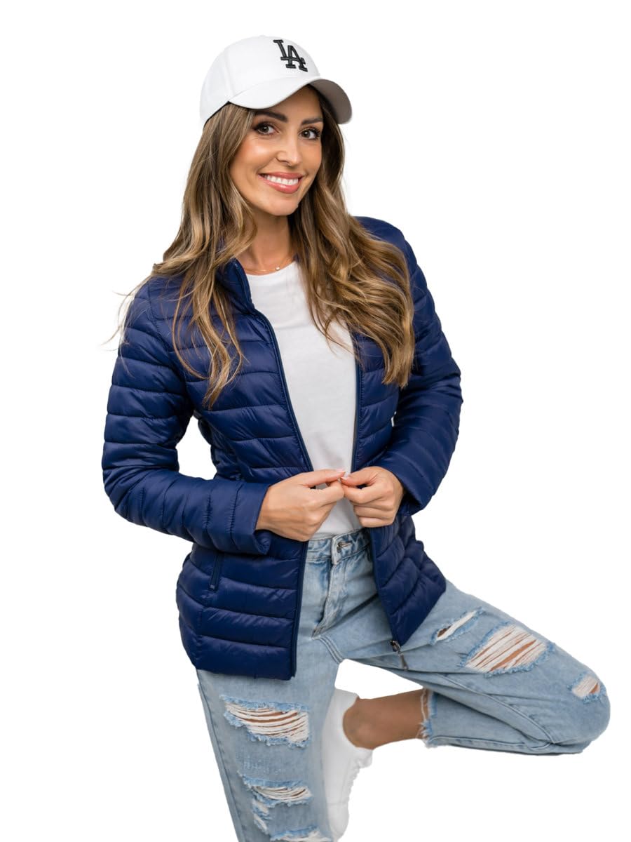 BOLF Damen Übergangsjacke Steppjacke Stehkragen Daunenjacke Reißverschluss Sportjacke Zip Wärme Freizeit Sport Basic Outdoor Casual Style 16M9111 Dunkelblau L [D4D]