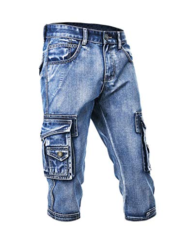 Idopy Herren 3/4 Cargo Denim Shorts Biker Jeans mit mehreren Taschen M/32