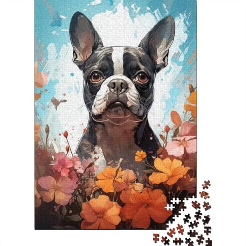 Niedliche Boston Terrier-Kunst, schwierige, anspruchsvolle Puzzles, 1000-teiliges Holzpuzzle, Puzzles für Erwachsene, Teenager, genießen Spiele für Erwachsene (Größe: 75 x 50 cm)