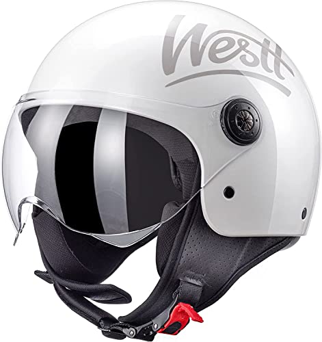 Westt Classic Jethelm mit Visier Motorradhelm Herren Damen Roller Chopper Helm Mopedhelm Retro Mofa Helm Motorrad Pilotenhelm Halbschalenhelm mit ECE DOT Zulassung, weiß glänzend, L (57-58 cm)