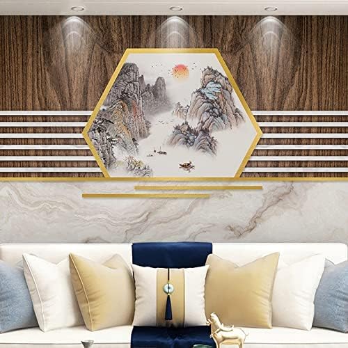 XLMING Abstrakte Holz Und Gold Linie Tinte Und Landschaft Marmor 3D Tapete Home Dekoration Wohnzimmer Sofa Schlafzimmer Tv Hintergrund Wand-430cm×300cm