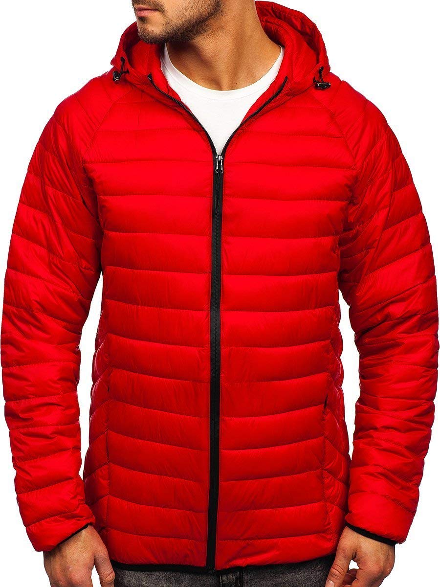 BOLF Herren Übergangsjacke Steppjacke mit Kapuze Daunenjacke Reißverschluss Sportjacke Zip Wärme Freizeit Outdoor Basic Casual Style J.STYLE 13021 Rot L [4D4]