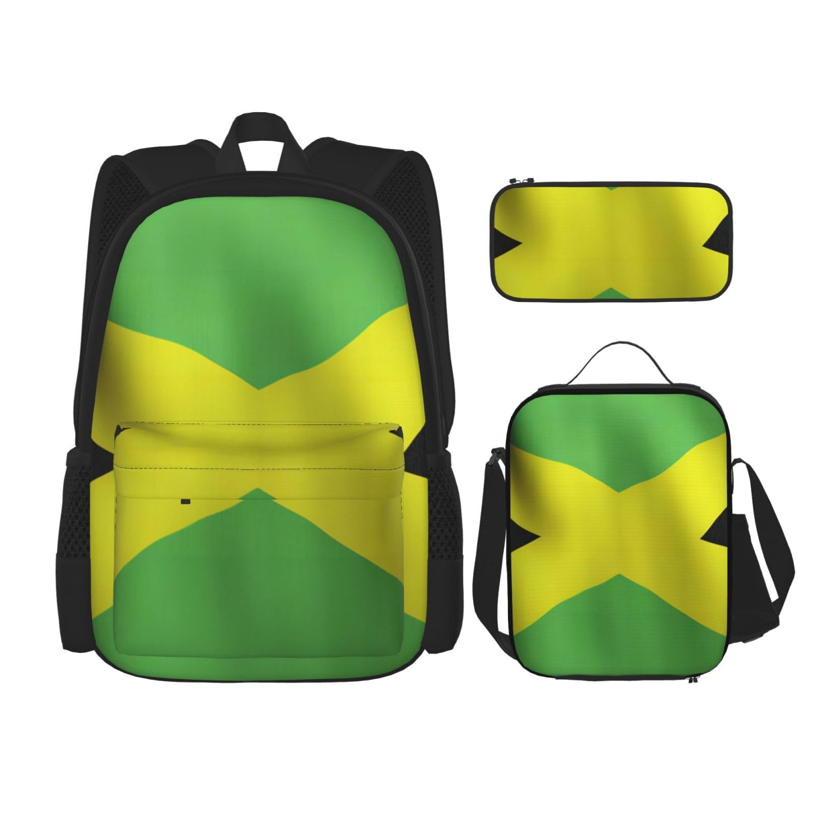 WURTON 3-in-1-Set mit alter jamaikanischer Flagge, lässiger verstellbarer Schulter-Rucksack, Lunch-Tasche, Federmäppchen, Beutel, Schwarz, Einheitsgröße