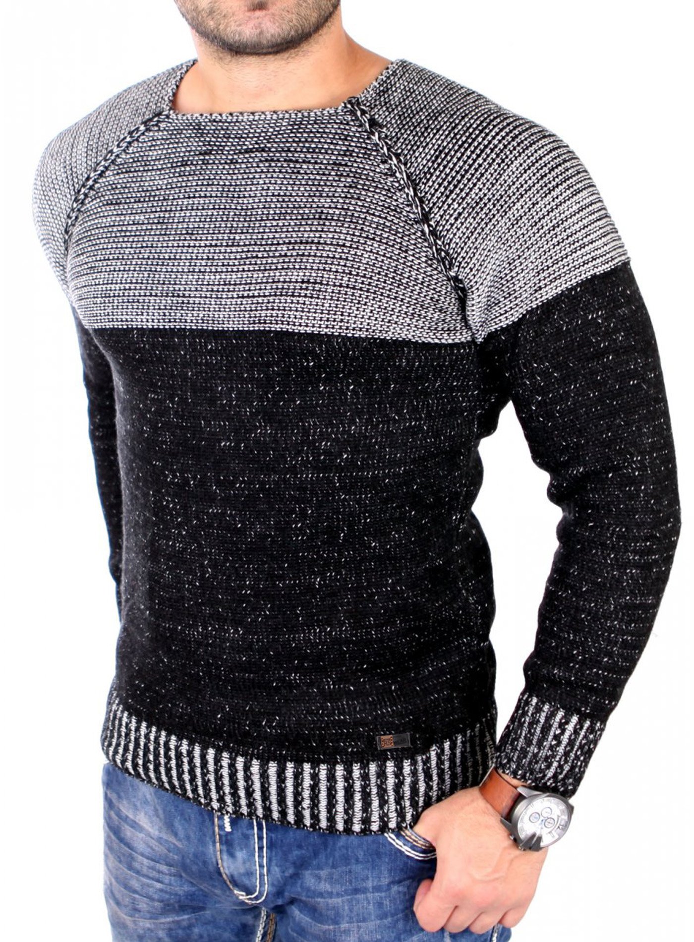 Reslad Strickpullover Herren Two Tone Rundhals Pullover Grobstrick RS-16081 Schwarz XL