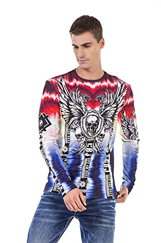 Cipo & Baxx Herren Longshirt Shirt Totenkopf Frabverlauf Design Longsleeve Sweater CL484 Rot-Blau M