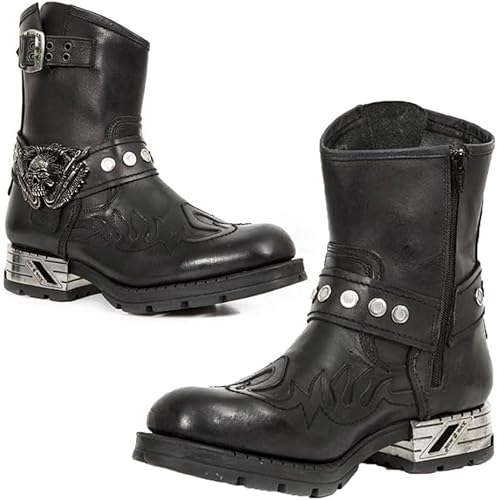 Steampunk-Reitstiefel, modische Stiefeletten aus schwerem Metall, PU-Leder mit Totenkopf-Dekoration, Retro-Stickerei, Ritterstiefel für Herren, Schwarz, 45 EU