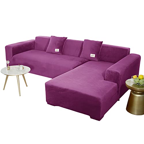 JHLD Sofabezug L Form, Stretch Sofabezug Samt L-förmiger Sofabezug Weiche Anti-rutsch Sofa Überwürfe Für Ecksofa-lila-3 Sitzer+4 Sitzer