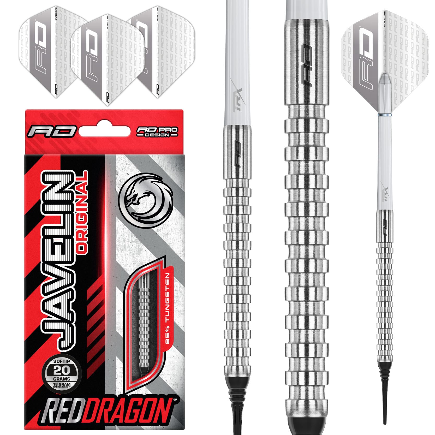 RED DRAGON Javelin Original 18g Softip Tungsten Darts Set with Flights and Stems