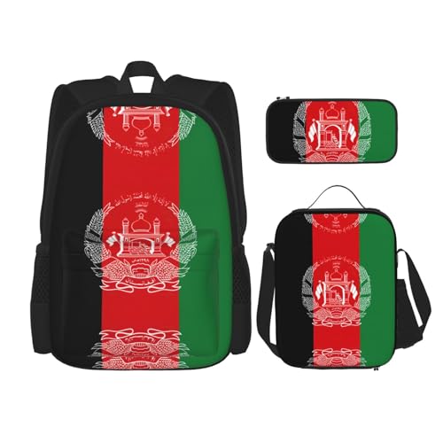 WURTON 3-in-1-Büchertaschen-Set mit Afghanistan-Aufdruck "Flagge von Afghanistan", Rucksack, Lunchbox, Federmäppchen, Reise-Laptop, Tagesrucksäcke, Schwarz, One Size