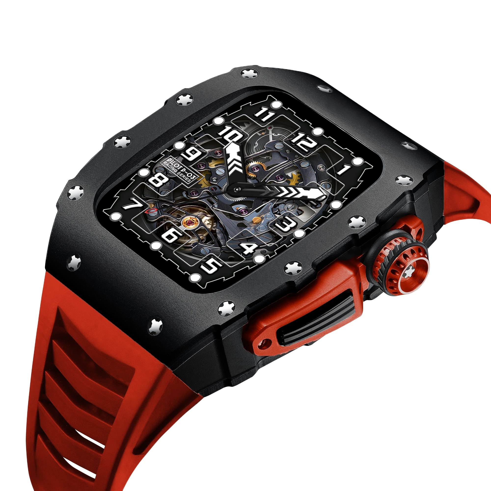 KANUZ Luxuriöses Metallgehäuse für Apple Watch 8, 7, 45 mm, Mod Kit, Aluminiumlegierung, Gummi, Sportband, iWatch 6, 5, 4, SE, 44 mm, DIY-Modifikationsset (Farbe: Rot / Schwarz, Größe: 44 mm für