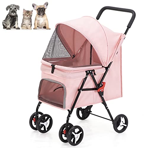 KKXXYQFC Faltbarer Hunde-Kinderwagen, vierrädriger, leichter Reise-Jogging-Kinderwagen für kleine und mittelgroße Katzen und Hunde mit Netzfenster, Pink