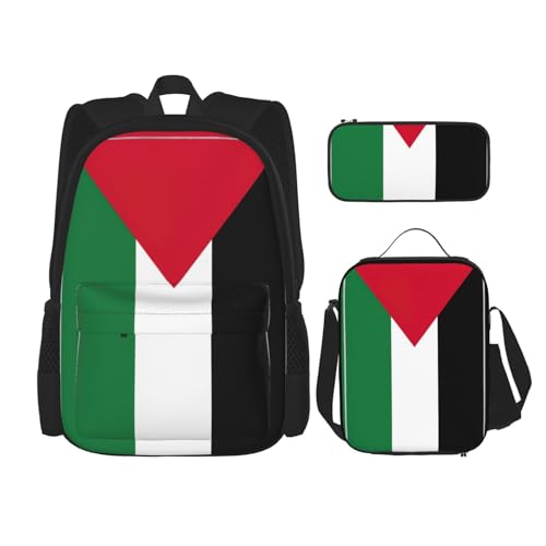 WURTON Schulterrucksack, Palästina-Flagge, 3-in-1, Büchertaschen-Set, Lunchbox, Federmäppchen, Reisen, Laptop, Tagesrucksäcke, Schwarz, Einheitsgröße, Schwarz , Einheitsgröße