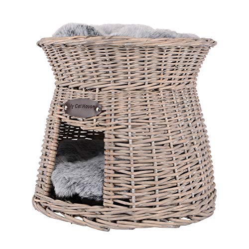 RM Design Katzenkörbchen als Katzenturm aus Rattan in Grau mit weichem Kissen