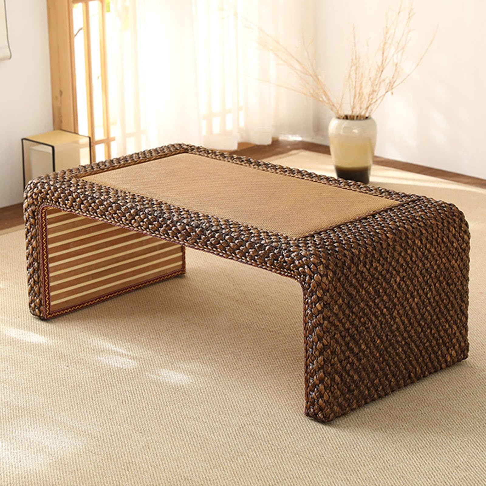 Gvqng Couchtische, Couchtisch Aus Geflochtenem Rattan, Tatami-Teetisch, Rechteckiger Couchtisch FüR Wohnzimmer, Niedriger Tisch, Tatami-Tisch, Bodentisch,B,100 * 50 * 38cm