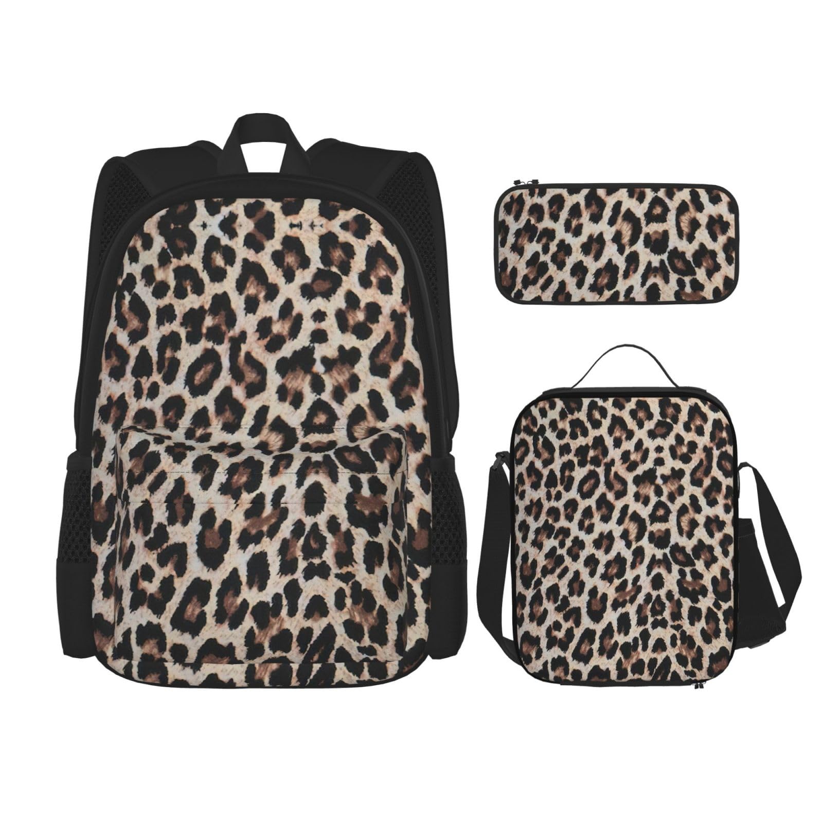 WURTON Rucksack-Set mit Leopardenmuster, Schultasche mit Lunchtasche, Federmäppchen, Kombination, Schulranzen-Set