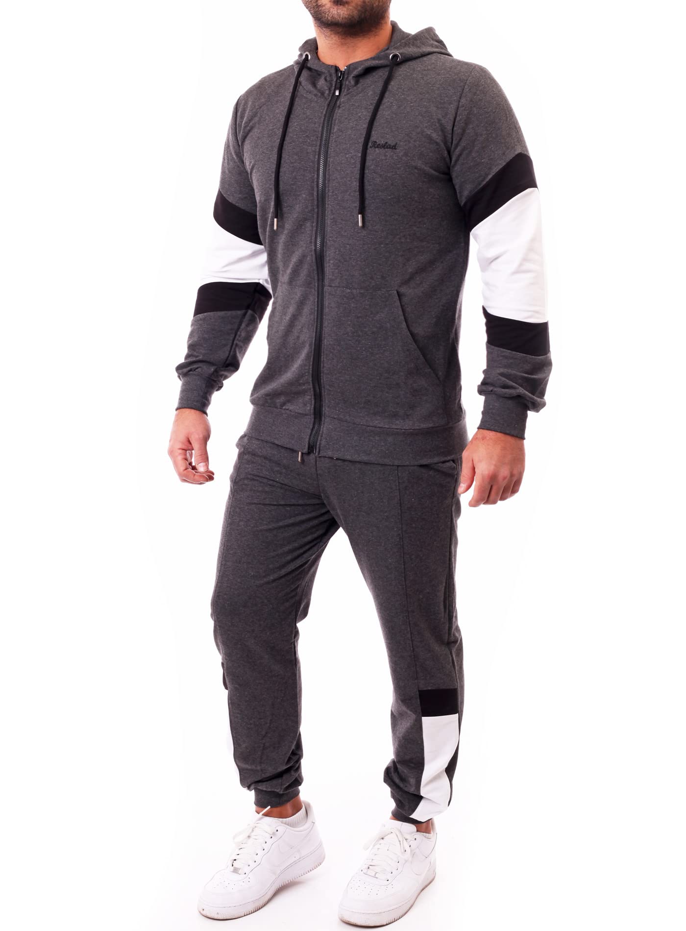 Reslad Trainingsanzug Herren Jogginganzug Männer Sportanzug | Freizeitanzug Jogginghose + Kapuzen Zip Sweatshirt Oberteil SET RS-5087 Anthrazit-Weiß 2XL