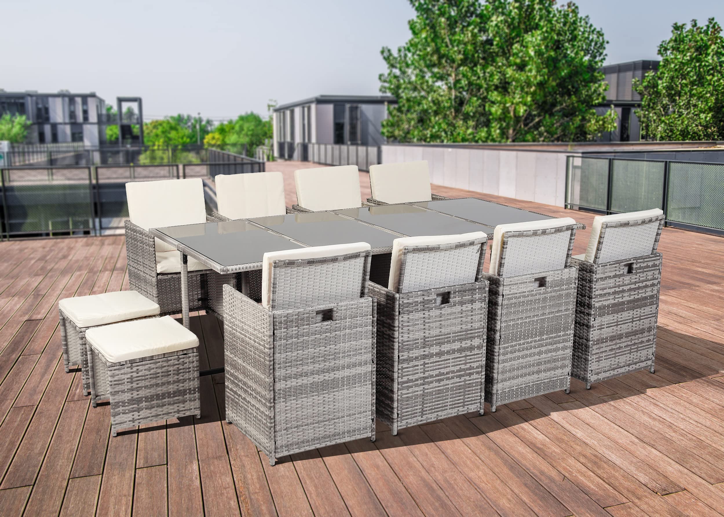 Ribelli Gartenmöbel Set 13-Teilig, Balkonmöbel aus Polyrattan, Wetterfest Sitzgruppe, Sitzgarnitur mit Sofa, Esstisch, Outdoor Kissen, Hocker, Stapelbar, für Rasen, Terrasse, Balkon, Garten, Grau