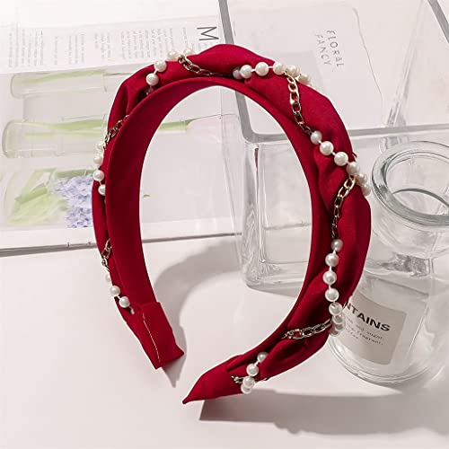 Ketten-Haarband for Frauen, koreanische Webart, geflochten, breiter Perlen-Haarreifen, glitzernde Lünette, Kopfschmuck, Stirnband, Haarschmuck(Red)