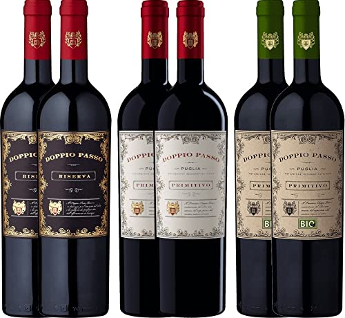 6er Probierpaket - Doppio Passo Primitivo Salento | Riserva | Bio - italienischer Rotwein aus Apulien | 6 x 0,75 Liter