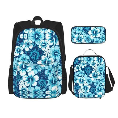 WURTON Rucksack mit blauem Blumendruck, 3-in-1, Büchertaschen-Set, Lunchbox, Federmäppchen, Reise-Laptop-Tagesrucksäcke