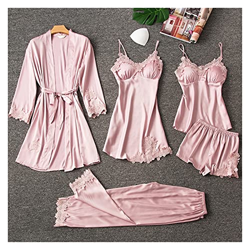 FFNUM Damenpyjama Pyjamas Feminin Fünf-teiliger Anzug Seide Sling Nightdress Weibliche Seide Nachthemd mit Brust Pad Maulbeereide Casual Pyjama für Damen (Color : H, Size : M)