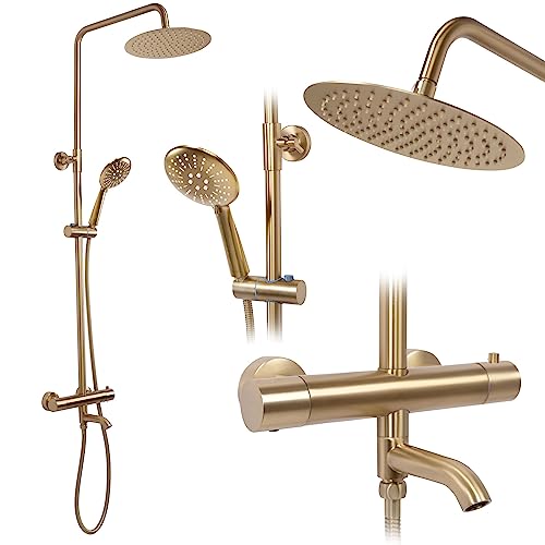 Rea Duschsystem mit Thermostat Lungo Gold Brush Duschset Duscharmatur mit Duschkopf und Kopfbrause aus Messing Duschgarnitur für Badezimmer (Gebürstetes Gold)