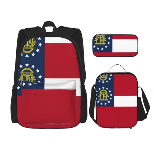 WURTON Rucksack mit Georgia-Flagge, 3-in-1, Büchertaschen-Set, Lunchbox, Federmäppchen, Reise-Laptop-Tagesrucksäcke, Schwarz, Einheitsgröße