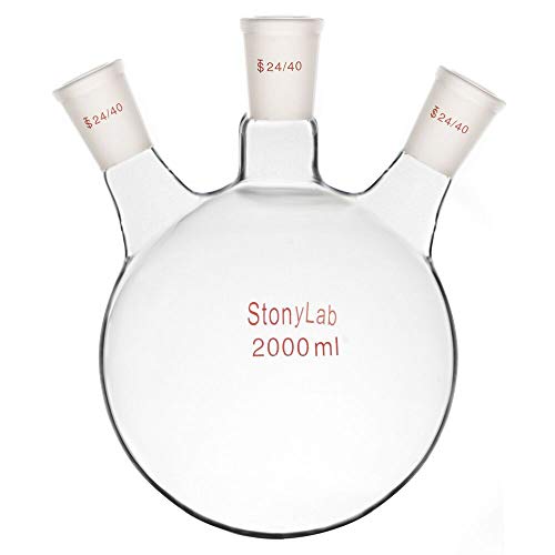 stonylab 2000ml 3 Neck Round Bottom Flask, Glas Dreihalskolben Flask Rundkolben RBF mit 24/40 Standard Taper Outer Joint, Glass 3-Hals Round Bottom Flask RBF - 2000ml