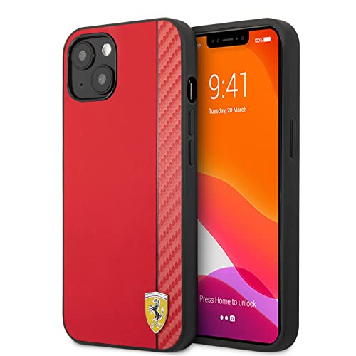 Ferrari Schutzhülle für iPhone 13 in Rot - Leder Case On Track Kollektion mit Streifen