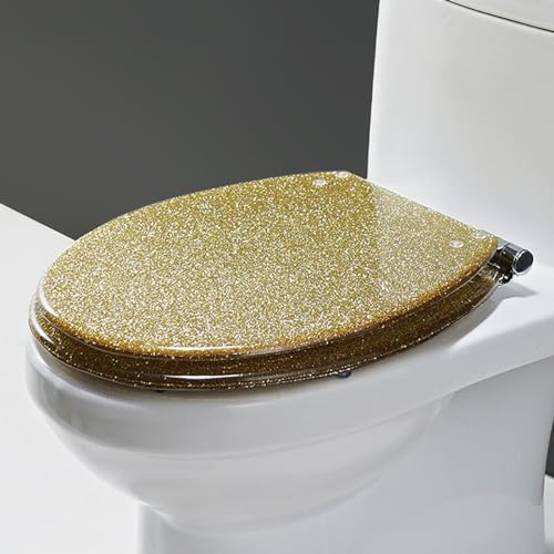 Dazzluxe Runder WC-Sitz Aus Kunstharz Mit Glitzerndem WC-Deckel, Langsam Schließender WC-Sitzbezug, Inklusive Befestigungssätzen, Passend Für Die Meisten Standard-U/V/O-Wcs, Leises Schließen,Gold 1