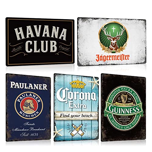 ZDFDC 5er Blechschilder Set Retro Bar 20x30cm - Vintage Metallschilder - Bar Schild Wand-Deko - Geschenk-Idee für Theken Partykeller Club Pub (SET A)