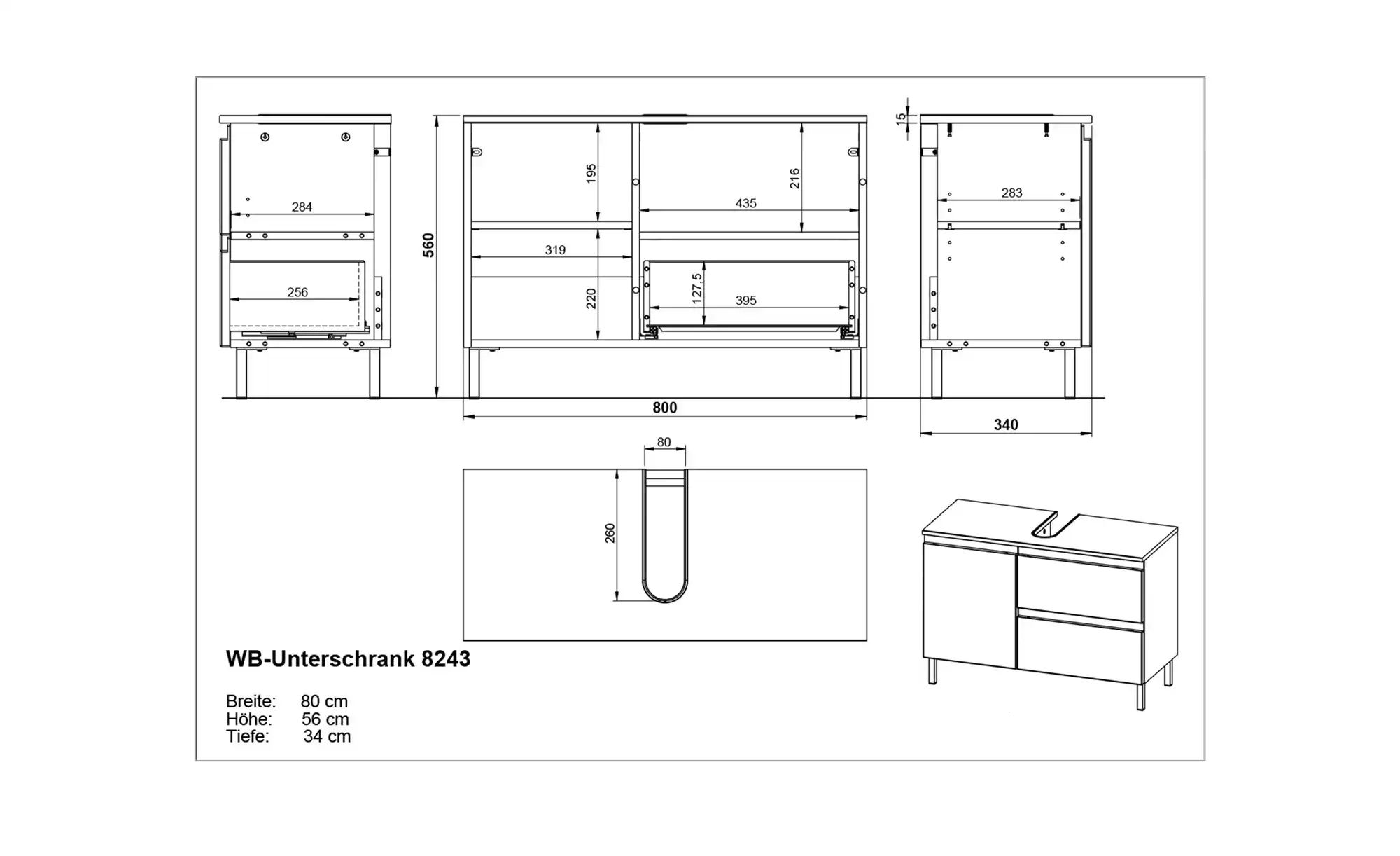 Waschbeckenunterschrank Ischgl ¦ holzfarben ¦ Maße (cm): B: 80 H: 56 T: 34 Schränke > Badschränke > Waschbeckenunterschränke - Möbel Kraft 3